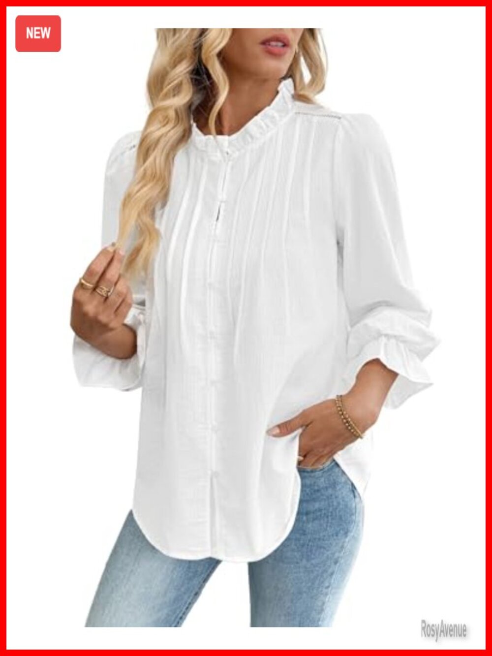 Women's Textured Button Down Blouse with Puff Long Sleeve and Ruffled Collar
